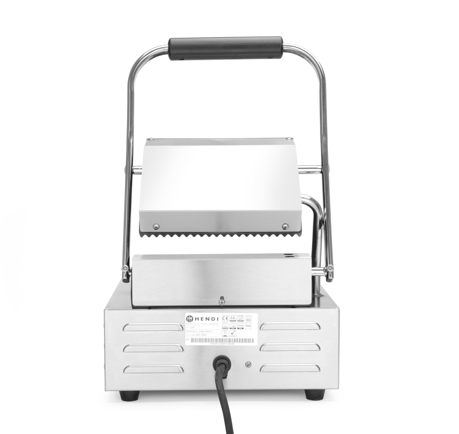 Jednoduchý kontaktný gril, HENDI, drážkovaný vrch a spodok, 230V/1800W, 310x426x(H)210mm H 263501