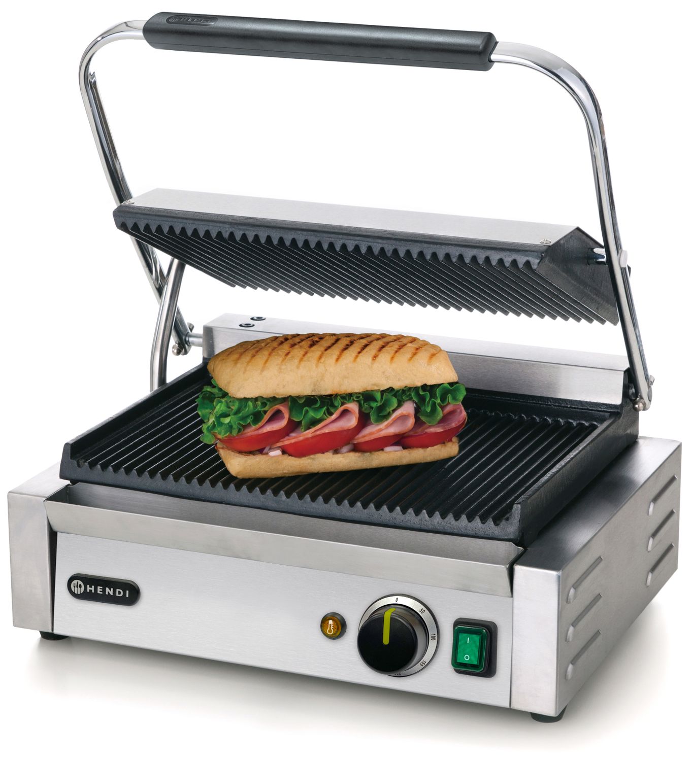 Kontaktný grill „Panini“, HENDI, drážkovaný vrch a spodok, 230V/2200W, 432x396x(H)214mm PANINI 263655