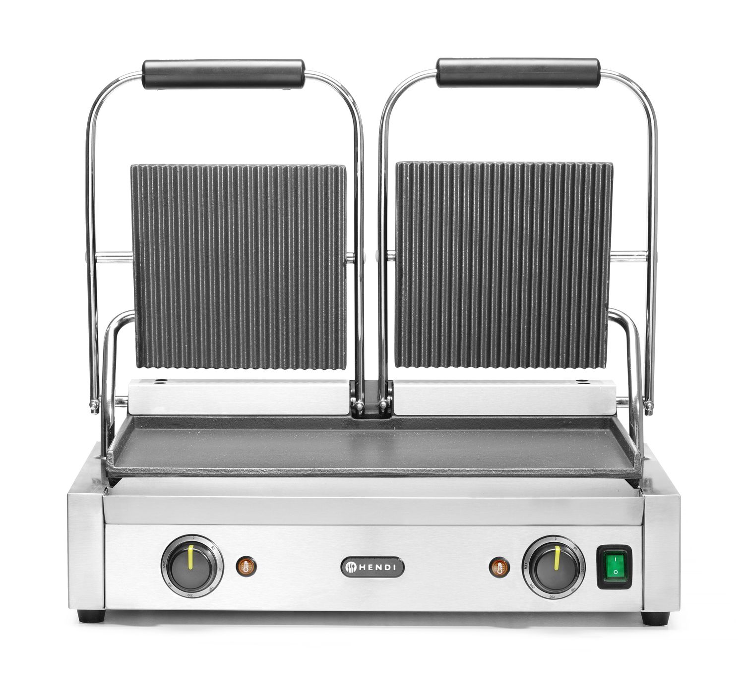 Dvojitý kontaktný gril, HENDI, drážkovaný vrch a hladké dno, 230V/3600W, 570x395x(H)510mm H 263808