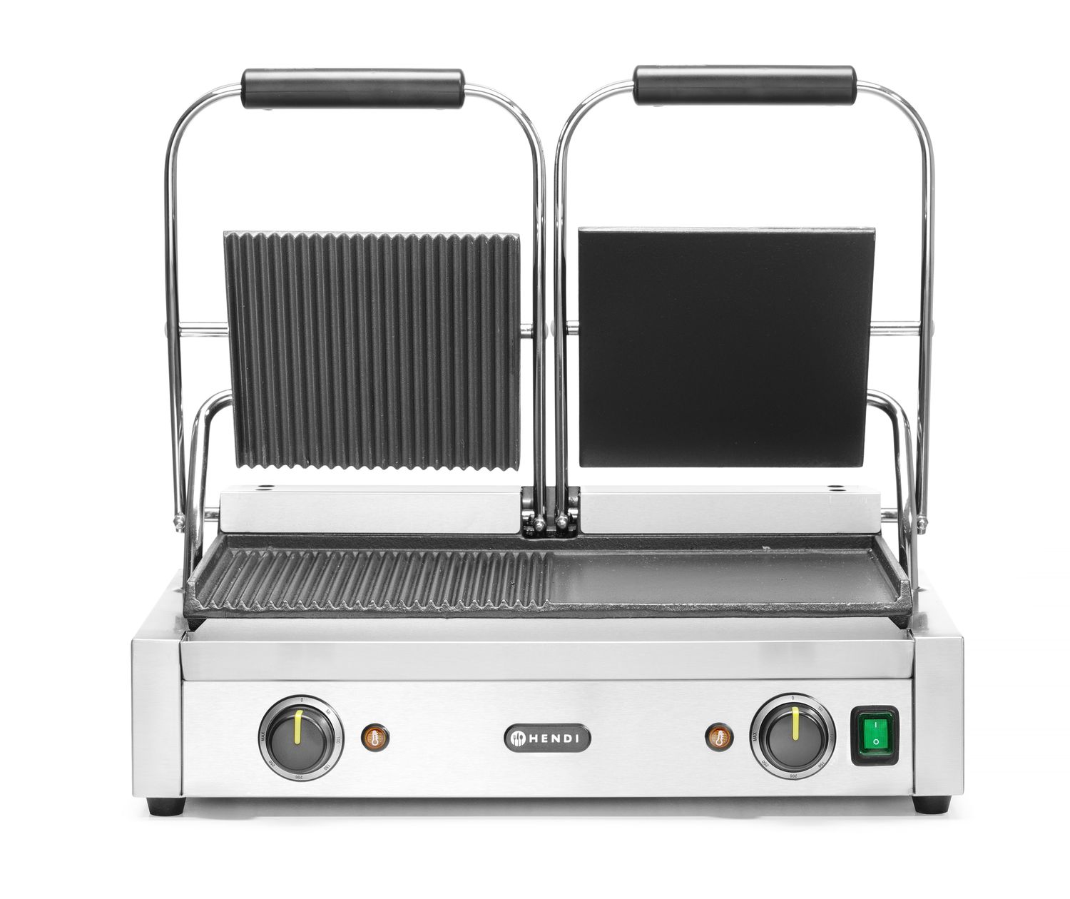 Dvojitý kontaktný gril, HENDI, napoly hladký, napoly drážkovaný, 230V/3600W, 575x430x(H)510mm H 263907