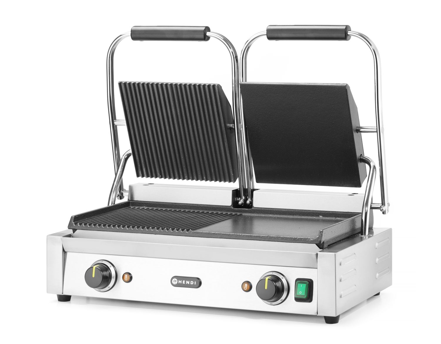 Dvojitý kontaktný gril, HENDI, napoly hladký, napoly drážkovaný, 230V/3600W, 575x430x(H)510mm H 263907