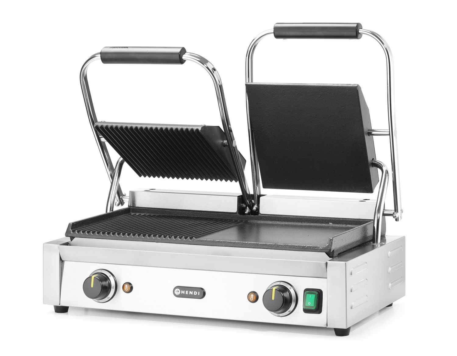 Dvojitý kontaktný gril, HENDI, napoly hladký, napoly drážkovaný, 230V/3600W, 575x430x(H)510mm H 263907
