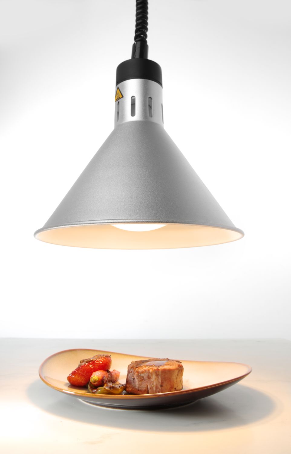 Lampa na ohrev jedál – závesná, kužeľová, HENDI, Strieborná, 230V/250W, ⌀275x(H)250mm 273869