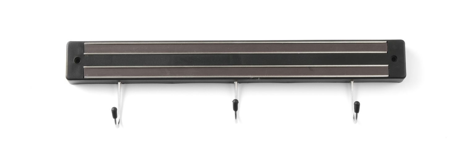 Magnetická lišta s háčikmi, HENDI, 3 háčiky, Čierna, (L)340mm s háčkami, Kód: 820209