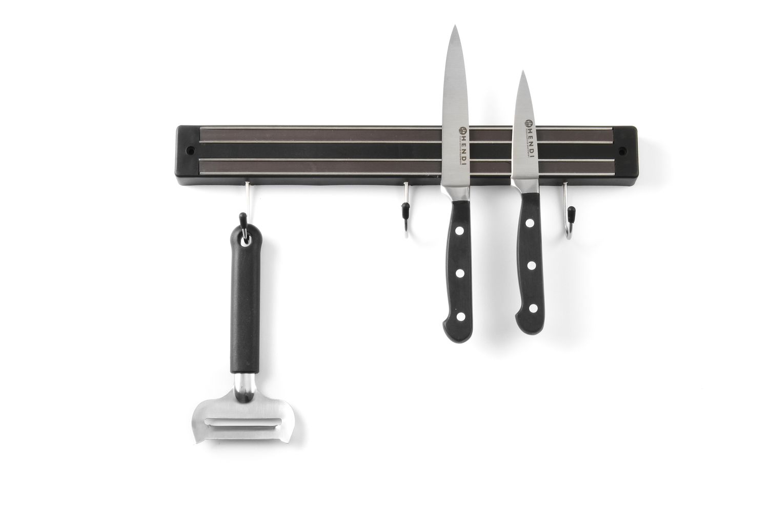 Magnetická lišta s háčikmi, HENDI, 3 háčiky, Čierna, (L)340mm s háčkami, Kód: 820209